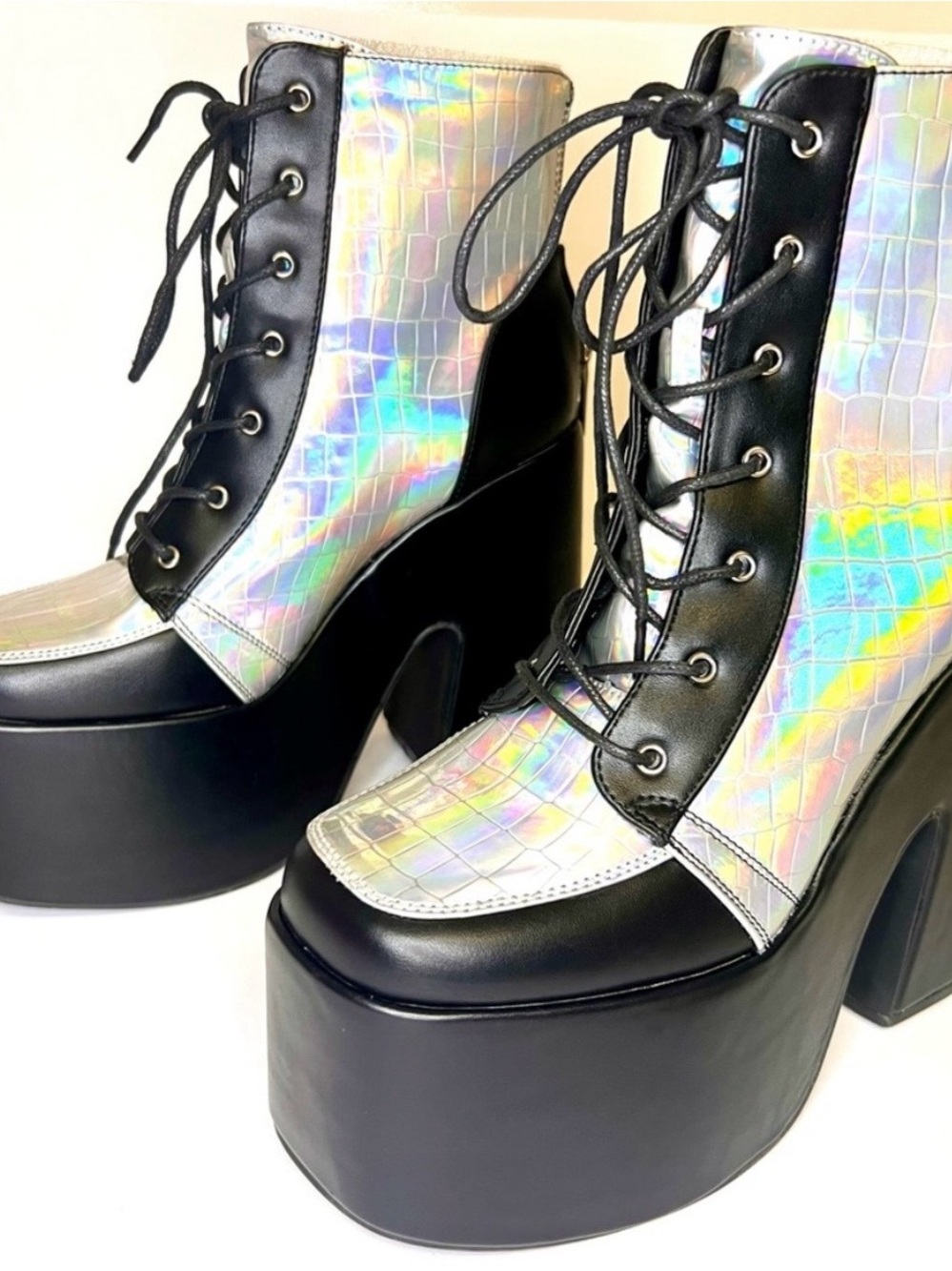 NWT 6” Holographic Platform Combat Boots Black & Iridescent Snakeskin Print